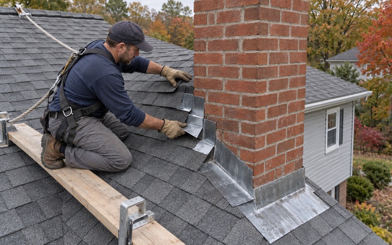 A roofer weaving new step flashing into the shingles along a brick chimney on an Old Bridge Township split-level.