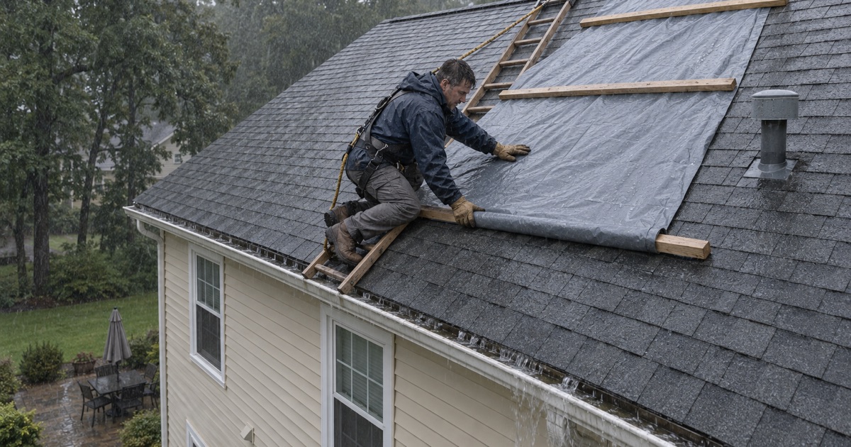 A roofer securing an emergency tarp in the rain over a storm-damaged roof on an Old Bridge Township colonial.