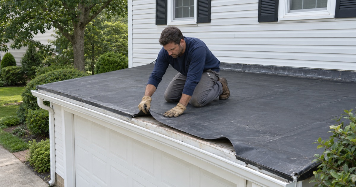 A roofer re-adhering a lifted rubber membrane edge on the flat garage roof of an Old Bridge Township house.