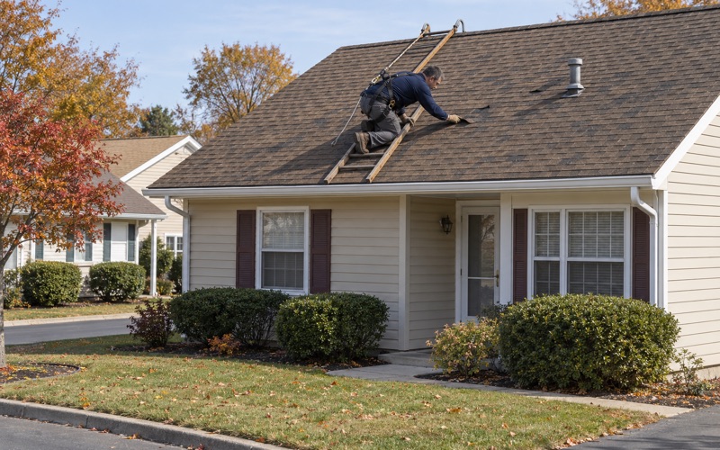 A roofer checking the roof of a one-story home in an Old Bridge Township age-restricted community.