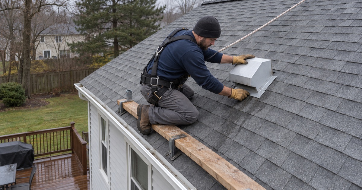A roofer resetting a bathroom exhaust vent hood to stop a roof leak on an Old Bridge Township bi-level.