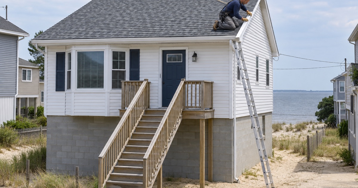 A roofer fitting new drip edge on a raised bayfront house in Cliffwood Beach, Aberdeen.
