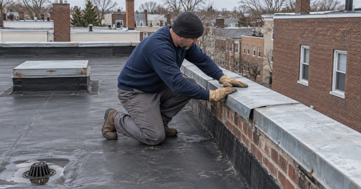 Flat roof upkeep at the parapet of a multi-unit building in Asbury Park