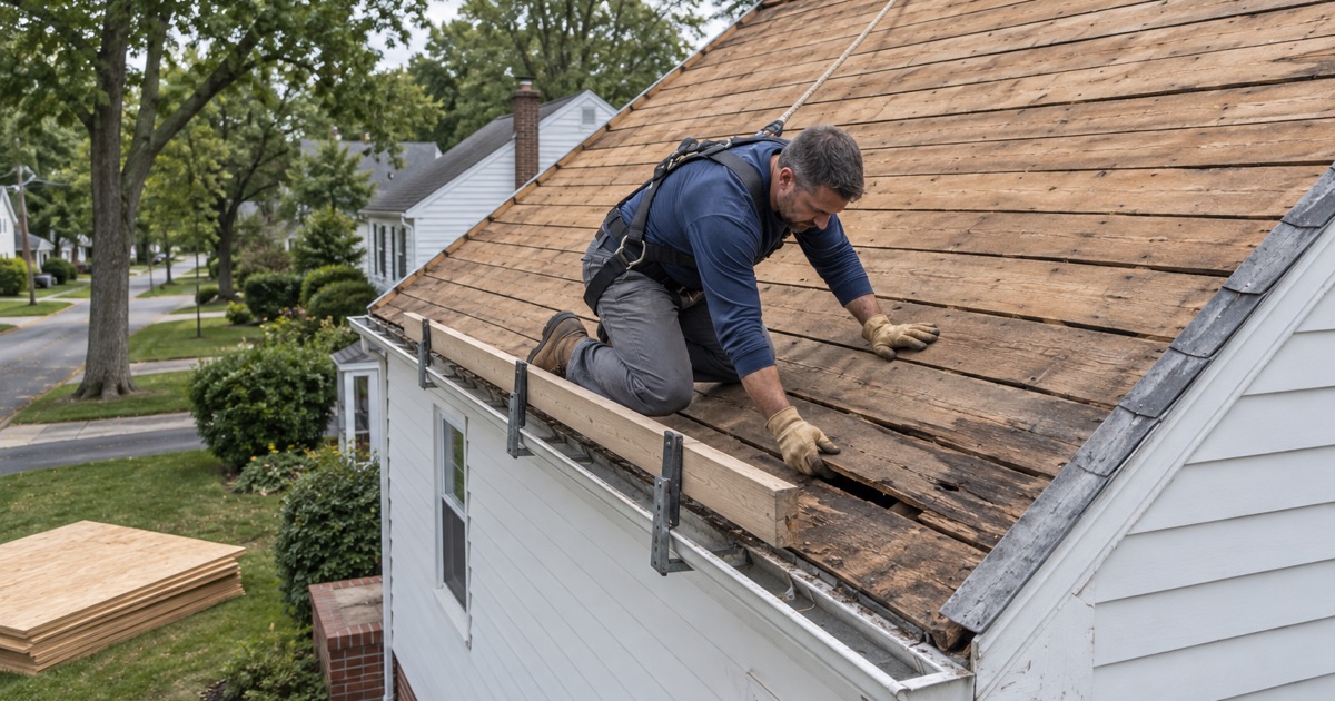 Checking original board sheathing on an older Berkeley Heights house during re-roofing