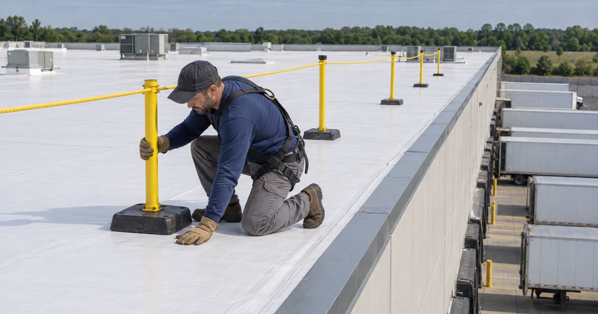A roofer setting a warning line back from the roof edge above the loading docks of a Bordentown Township distribution building.