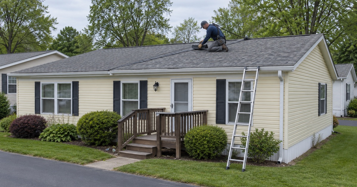 A roofer resealing the ridge where the two halves of a double-section manufactured home meet in Branchburg.
