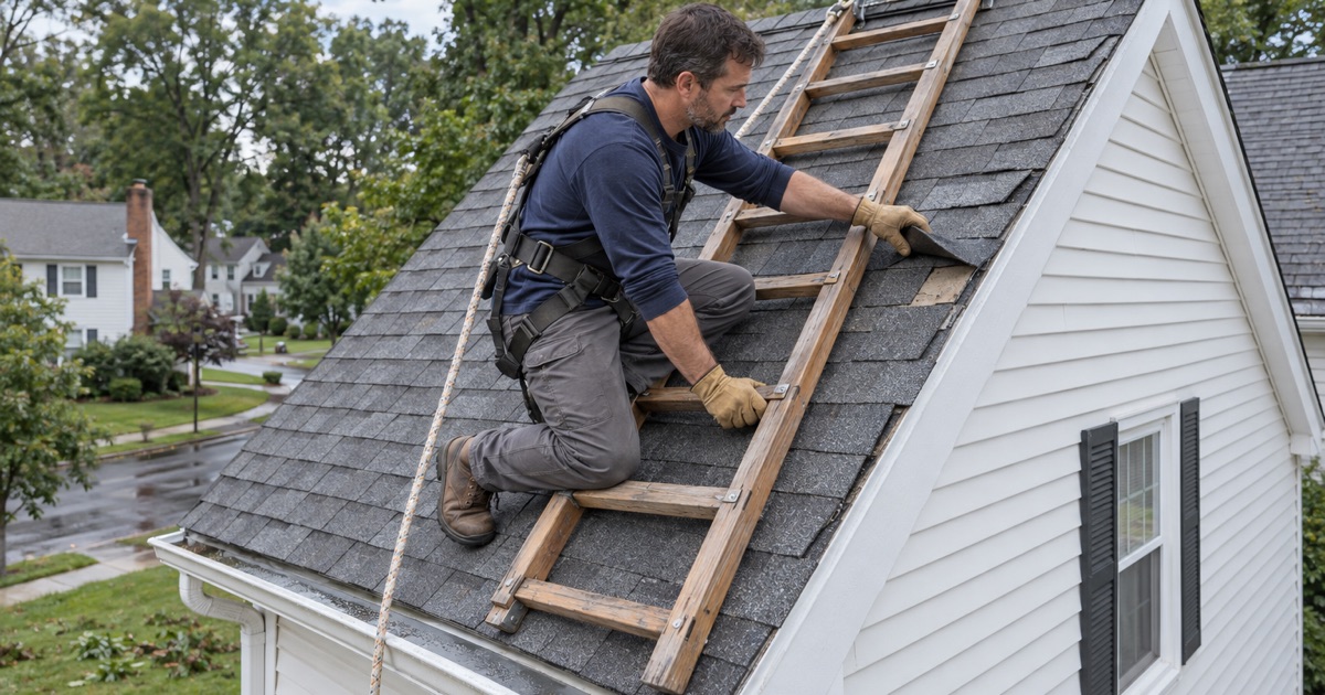 Resealing wind-lifted shingles along the rake of a Florham Park colonial