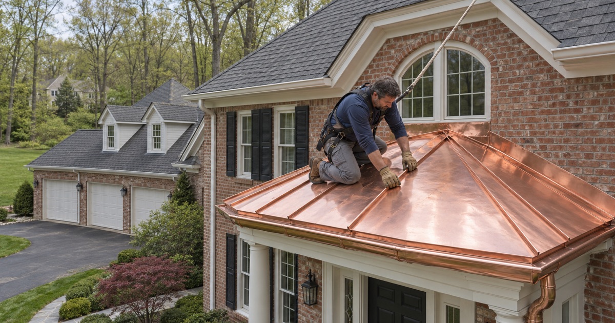 A roofer seaming a copper accent roof over a bay on a large Holmdel house with a many-gabled shingle roof.