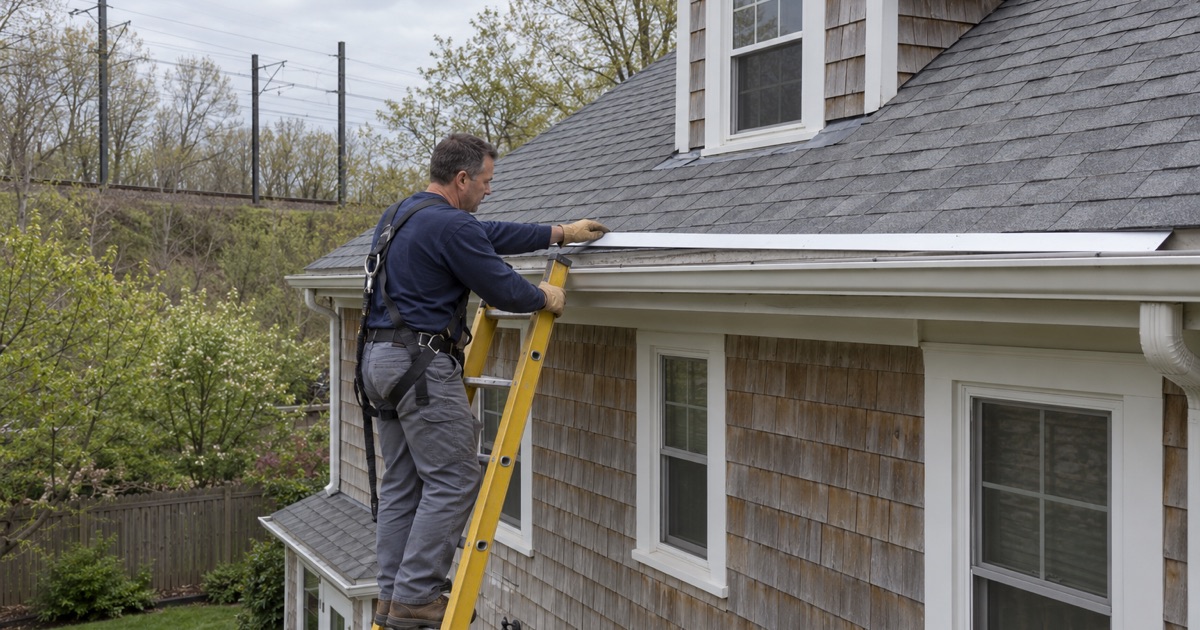 A roofer on a fiberglass ladder working the rear eave of a Madison house that backs onto the railroad.