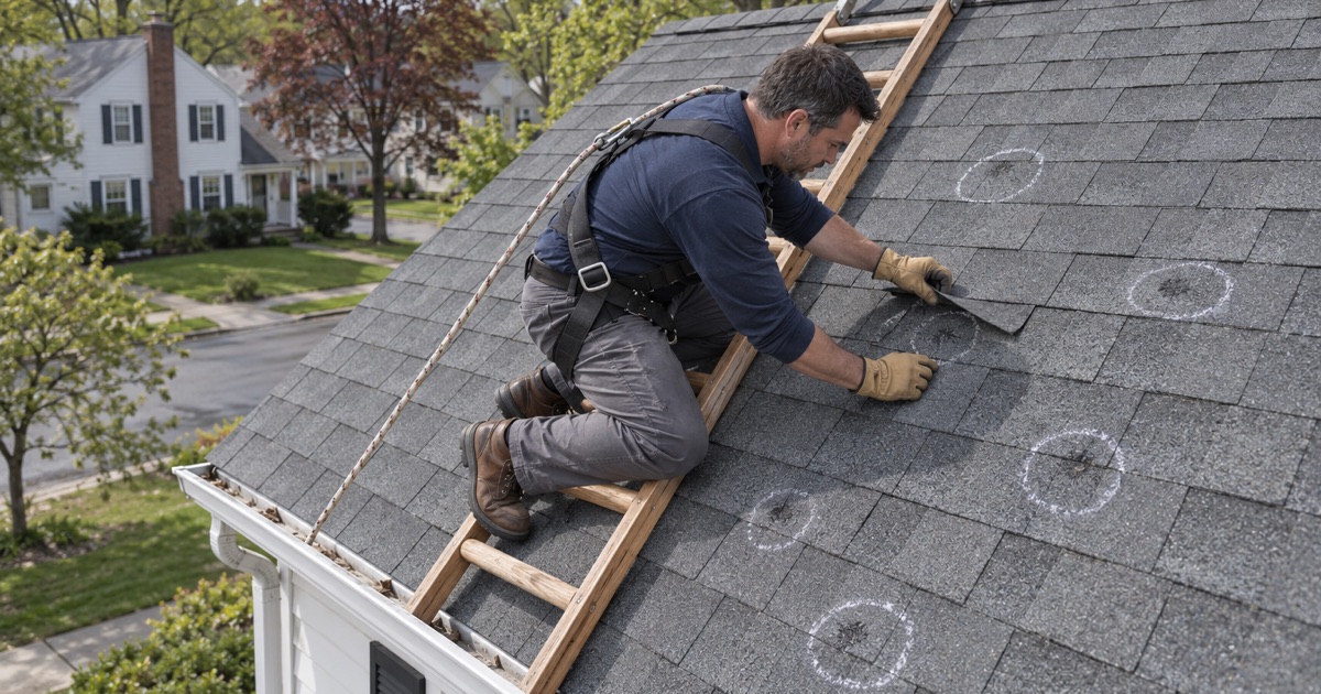 A roofer checking circled hail bruises on the asphalt shingles of a Middlesex house.