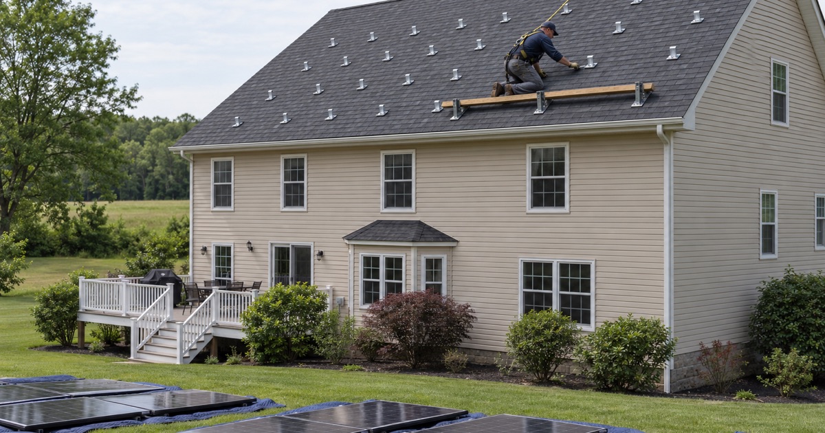 A roofer re-flashing solar racking mounts on a Millstone Township roof while the panels sit on the lawn.