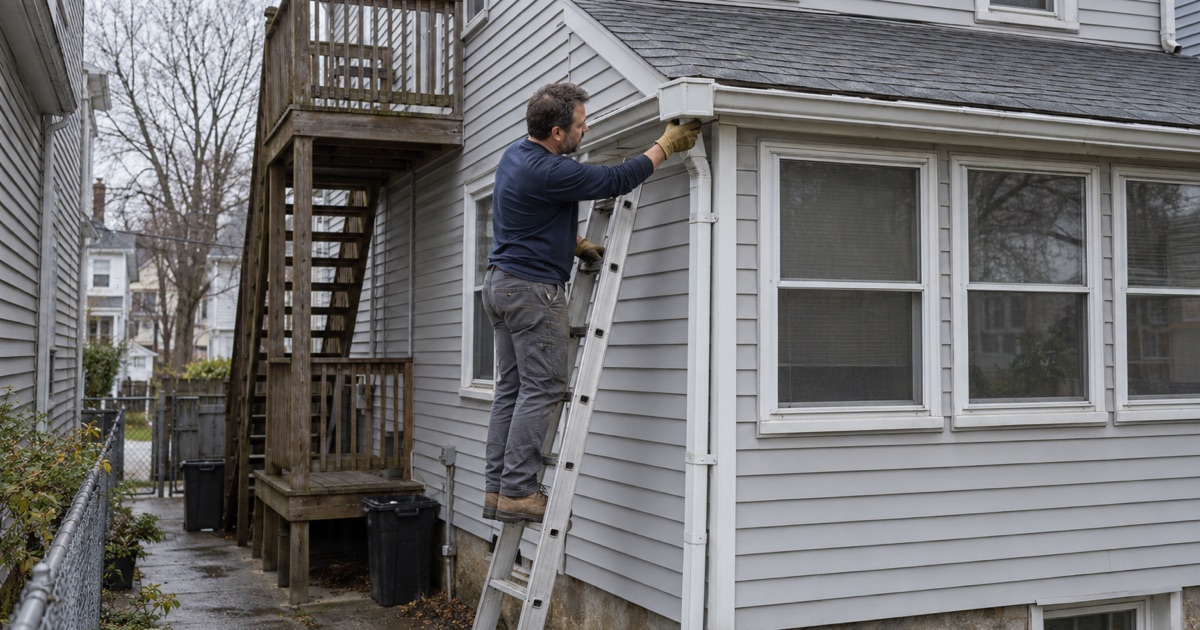 Reseating the leader box on the rear porch roof of a North Arlington two-family house