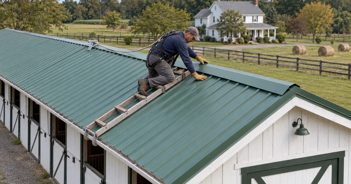 A roofer fastening a new steel ridge cap on a Readington horse stable, the farmhouse roof behind it.