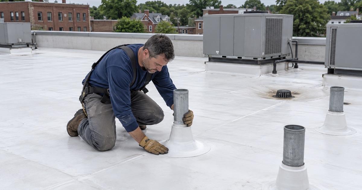 A roofer flashing a pipe penetration on the low-slope roof of a medical pavilion in Red Bank.