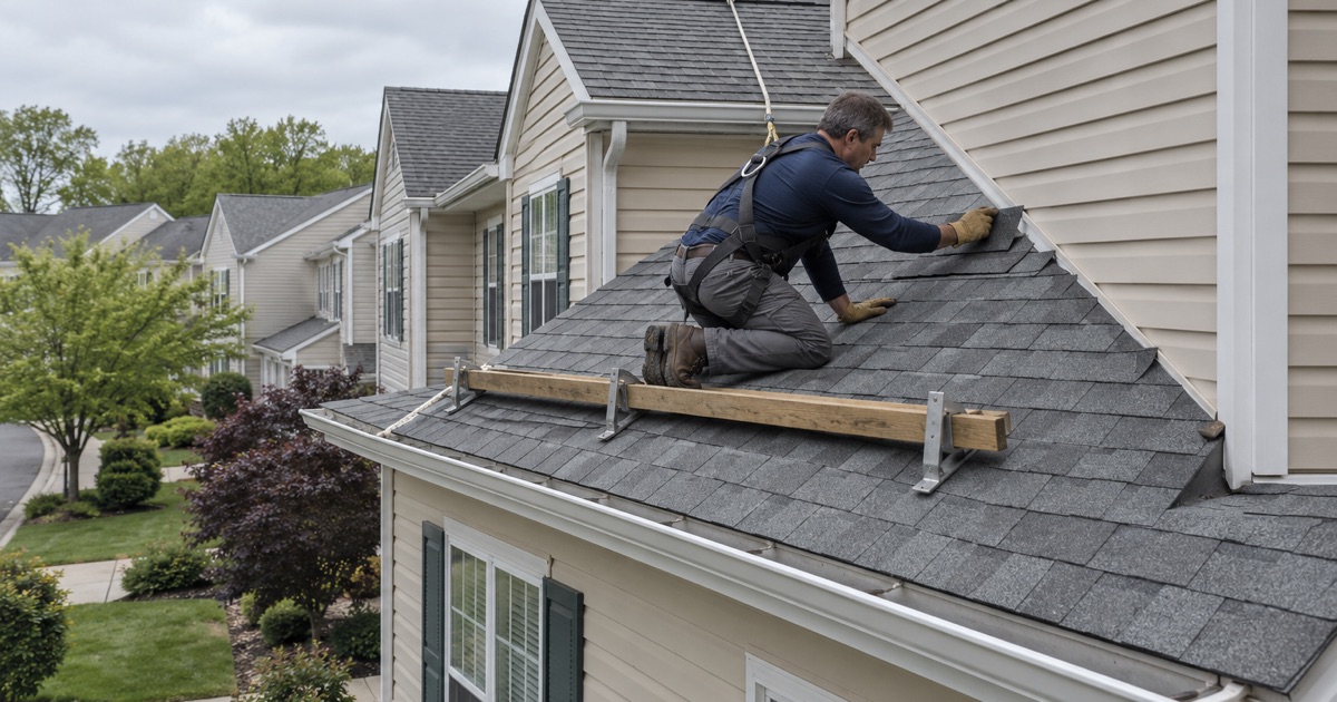 Shingle and flashing work along a sidewall on a Robbinsville townhouse row