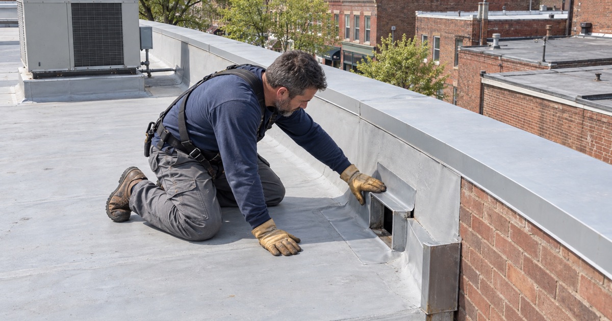 Flashing a scupper on the low-slope roof of a Somerville main street building