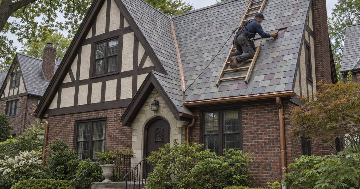 A roofer sliding a matching slate into a polychromatic slate roof on a South Orange Tudor Revival house.
