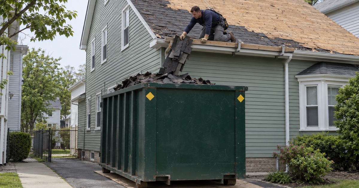 Old shingles going straight into a roll-off container parked on the driveway, not the street, during a South River tear-off.