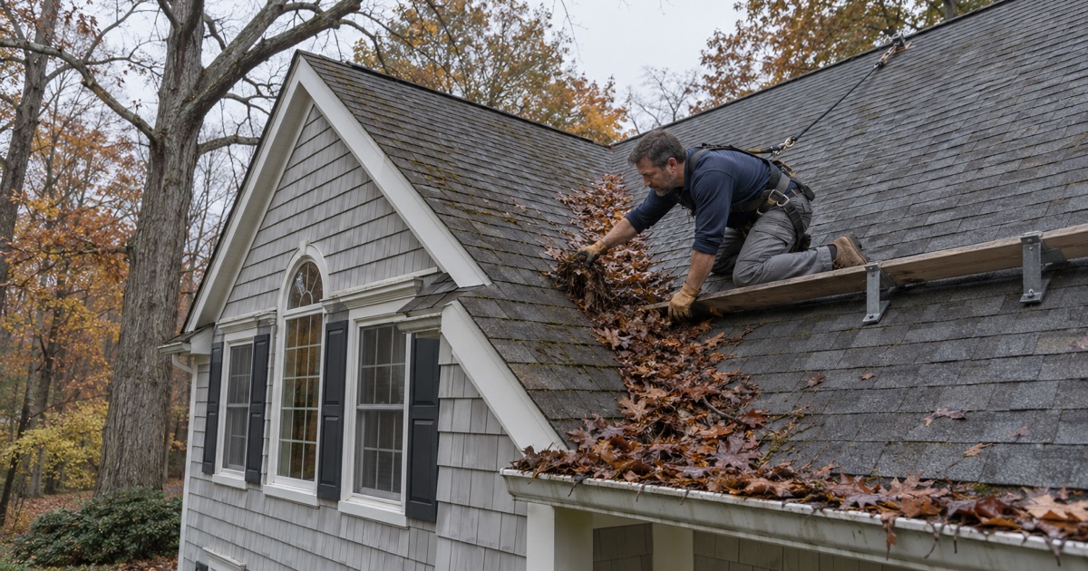 A roofer clearing a leaf-clogged valley under a standing dead oak on a wooded Warren Township lot.