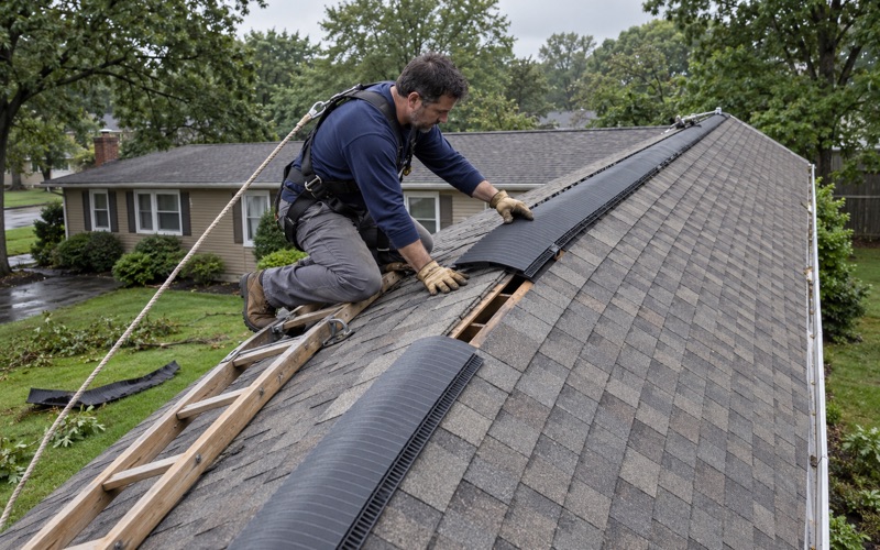 A roofer fitting a new ridge vent section where a storm tore the old one off an Old Bridge Township ranch.