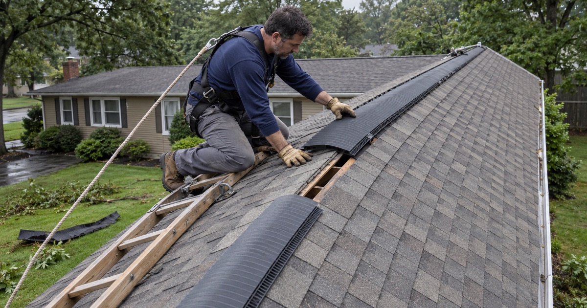 A roofer fitting a new ridge vent section where a storm tore the old one off an Old Bridge Township ranch.